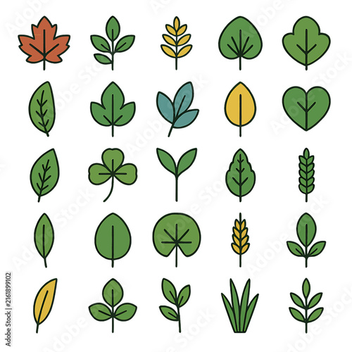 Collection of Colorful Leaf Icons in Flat Design Style