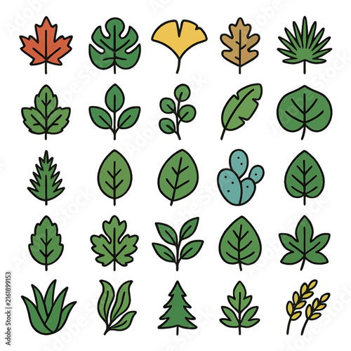Collection of Various Leaf Icons in Cartoon Style