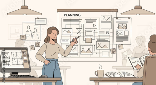 Woman presenting business plan on whiteboard with charts.