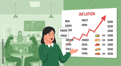 Woman presenting inflation chart with rising prices and food items.