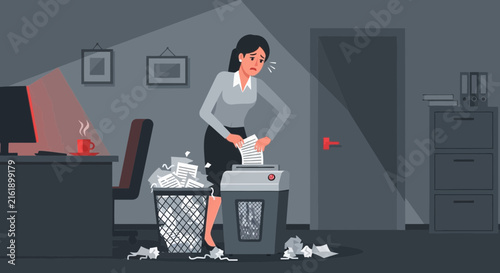 Woman Shredding Documents in Office Setting.