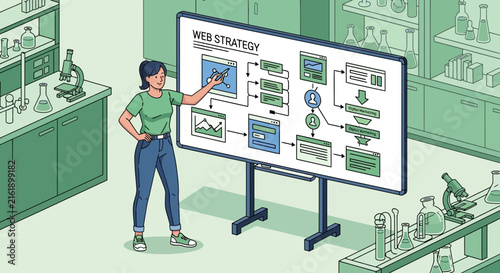 Woman Presenting Web Strategy Diagram on Large Screen.