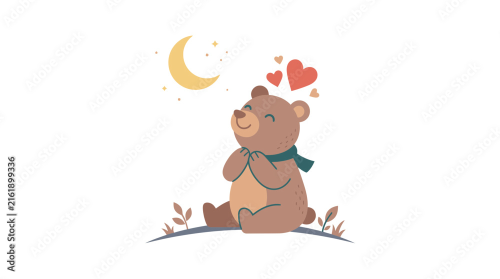 Fototapeta premium Cute cartoon bear looking at moon and hearts at night