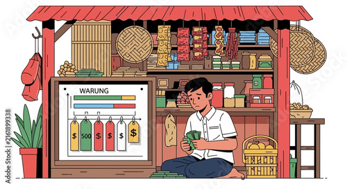 Young man working in a traditional Indonesian warung stall.