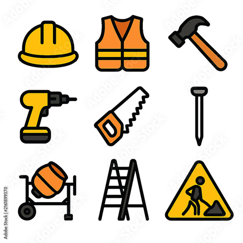 Set of Construction Tools and Safety Equipment Icons
