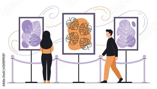 Flat vector illustration of people looking at abstract botanical line art framed posters in modern museum gallery