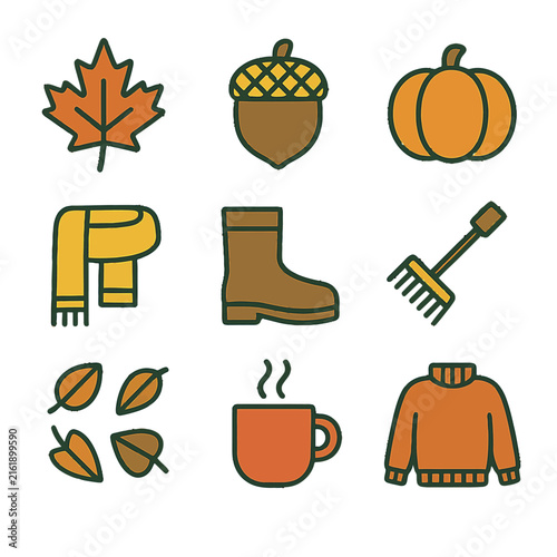 Autumn themed icons including leaves, acorn, pumpkin, and cozy items