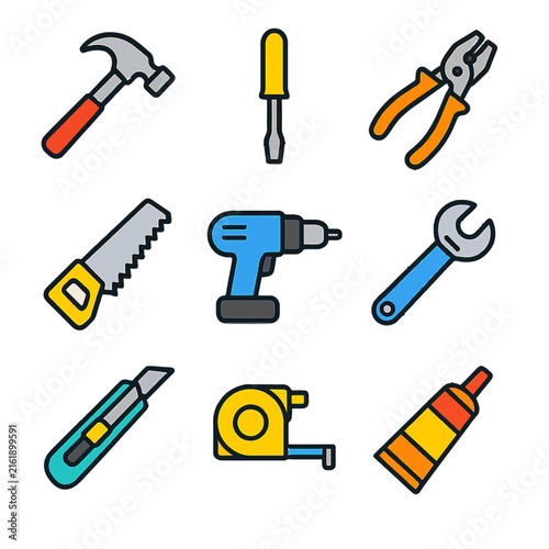 Colorful vector icons of various hand tools on white background