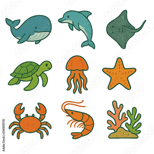 Set of colorful marine animal illustrations on white background