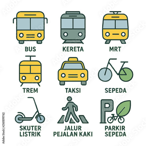 Set of Transportation Icons Including Bus, Train, and Bicycle