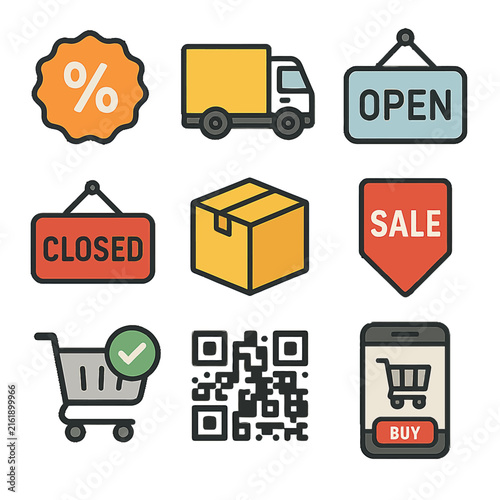 Set of ecommerce icons including shopping cart and delivery truck