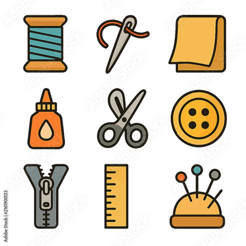 Colorful Sewing and Craft Tools Icon Set on White Background