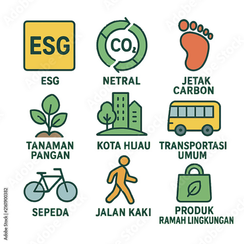 Eco-friendly icons set promoting sustainable urban living and transportation