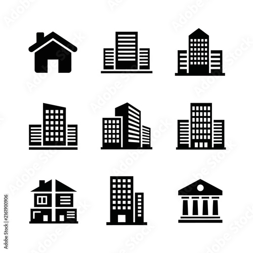 Set of Nine Black Building Icons on White Background