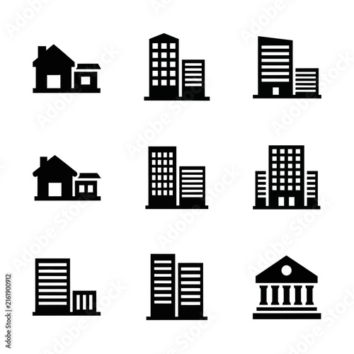 Set of Black Silhouette Building Icons on White Background