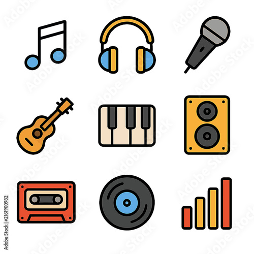 Colorful Music Icon Set Featuring Instruments and Audio Equipment