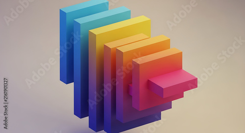 Abstract geometric composition of stacked rectangular prisms with gradient colors.