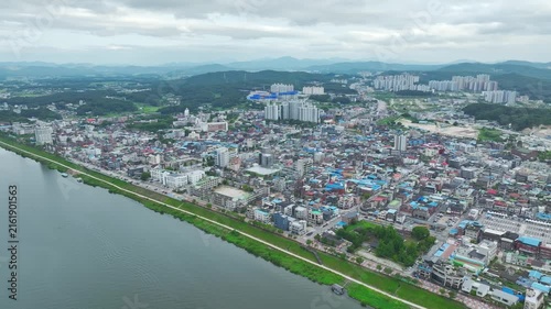 Aerial Drone View of Han River Waterfront and Cityscape in Yeoju, Gyeonggi-do, South Korea