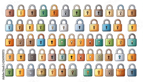 A large collection of various security padlock icons in a grid layout for digital and physical safety concepts