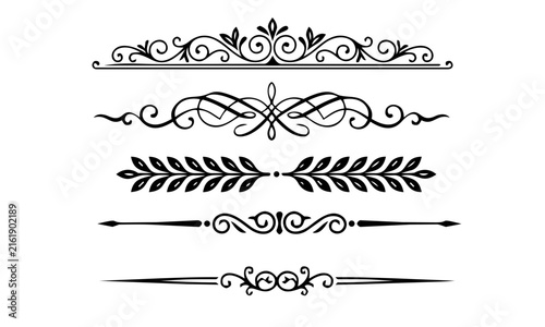 Set of black vintage decorative page dividers and floral swirl flourishes for elegant wedding invitations