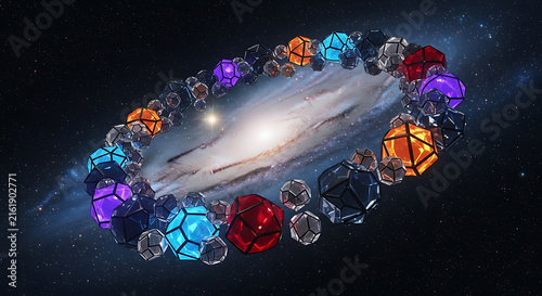 Abstract Ring of Glowing and Transparent Faceted Geometric Shapes.