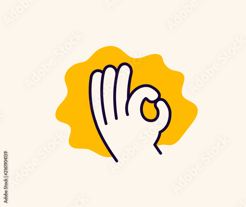 Cute hand making an okay gesture with a yellow burst background. Simple cartoon illustration for approval, agreement, success, confirmation, and positive communication concepts.