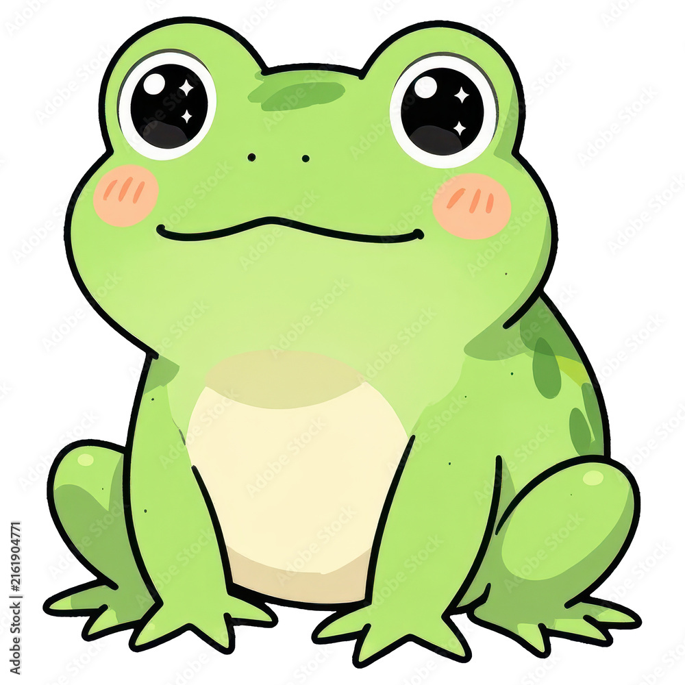 Fototapeta premium Cute Frog Illustration: An adorable, green cartoon frog with big, sparkly eyes and rosy cheeks sits patiently, radiating a sense of sweet innocence.