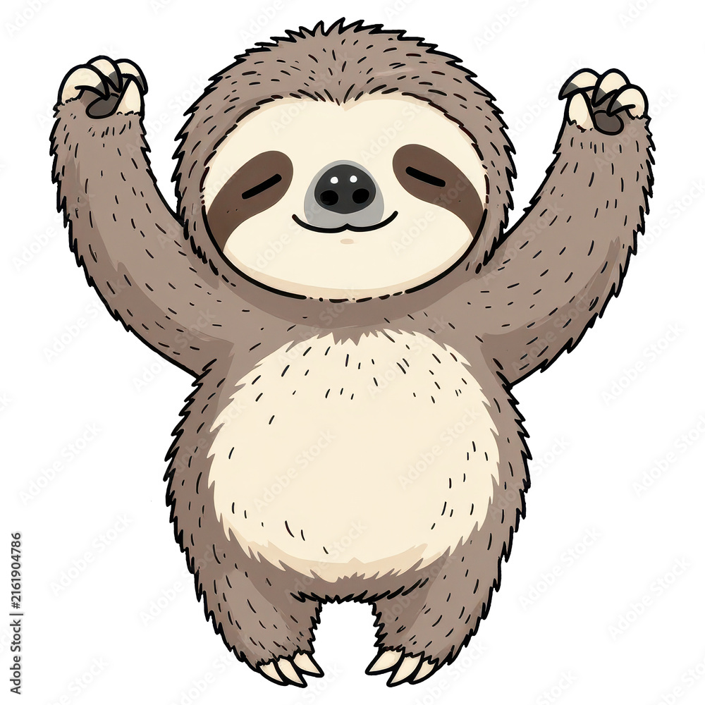 Naklejka premium Zen Sloth: An adorable sloth character with eyes closed in peaceful meditation, arms outstretched in a serene yoga pose, embodies tranquility and mindful relaxation.