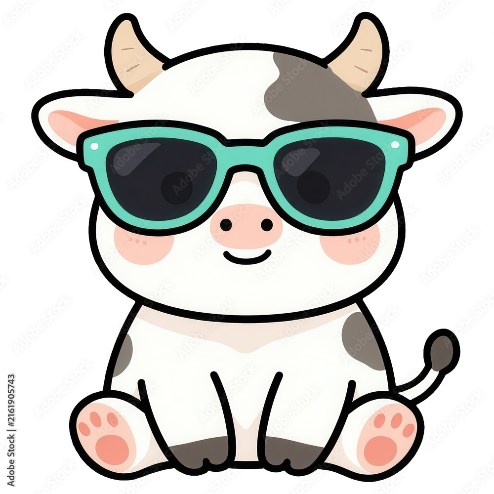 Naklejka premium Cool Cow Cartoon: A cute cartoon cow wearing sunglasses and a happy expression, sitting down, perfect for fun designs and children's themes.