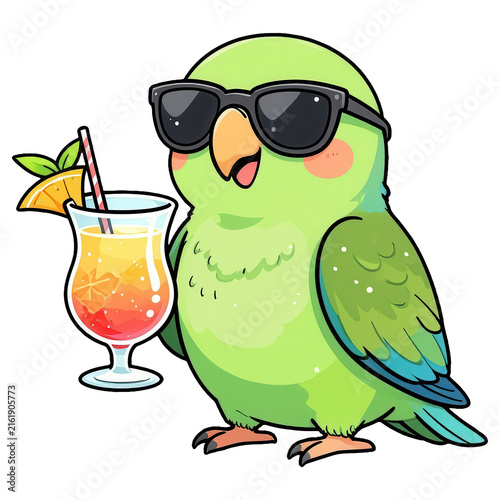 Chill Parrot with Cocktail: A cute, plump green parrot wearing sunglasses holds a tropical cocktail with an orange slice and mint garnish, embodying a relaxed vacation vibe.