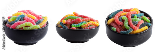 Set of Colorful gummy worms in a small transparent black ceramic bowl on transparent png background. Ai generated