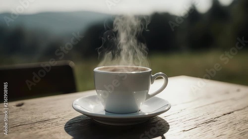 Close-up of cappuccino and tea in a modern matte ceramic cup with a curved handle