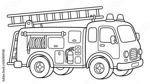Side view line art of a children's fire truck with ladders and detailed equipment, black and white illustration for coloring activities