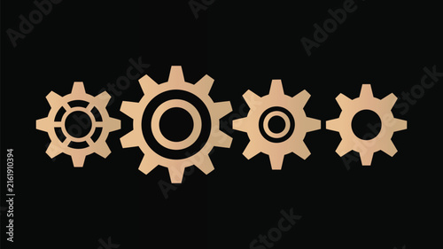 Bild auf Leinwand Golden mechanical gear cogwheels row vector illustration representing process system teamwork progress technology concept isolated on black background