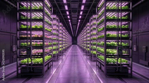 Vertical farming rows with LED lights for indoor agriculture production
