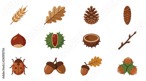 Autumn Forest Botanical Icon Set, Flat Vector Elements of Oak Leaf, Pine Cones, Acorns, Chestnuts and Wheat for Seasonal Nature Design