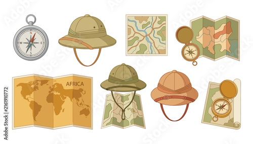Obraz na plátně Vintage safari exploration gear vector illustration collection with pith helmets