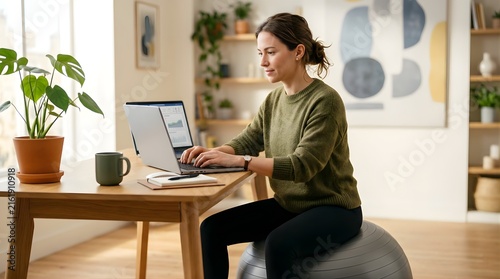 Woman working on a laptop while sitting on a fitness ball in home office
