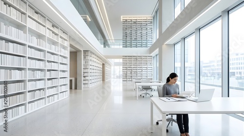 Young woman studying with books and laptop in a modern bright library