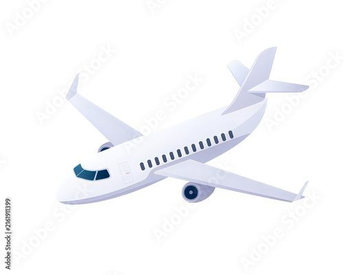 Modern commercial airplane illustration in midflight with detailed engine and wing structure