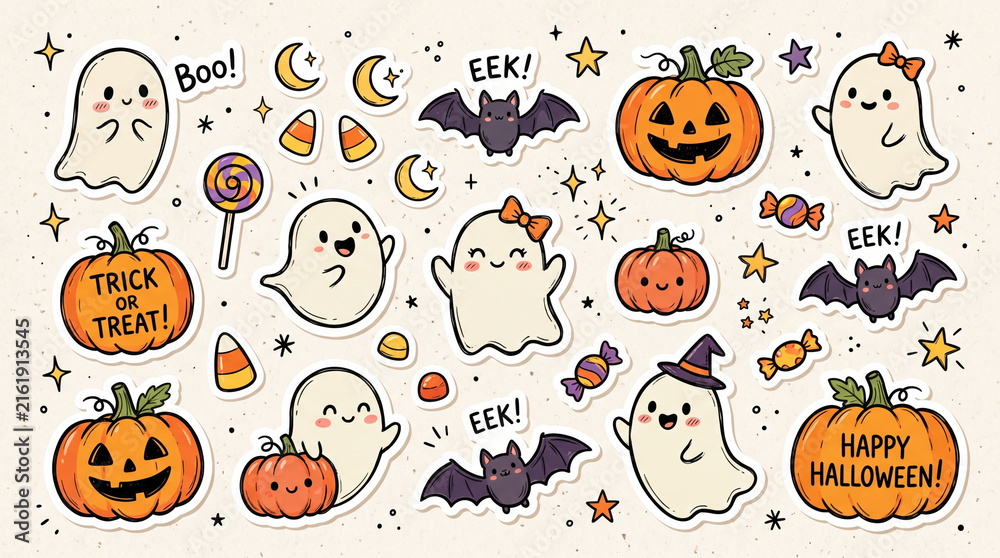 Fototapeta premium Cute hand drawn Halloween sticker set with ghosts pumpkins bats and candy elements.