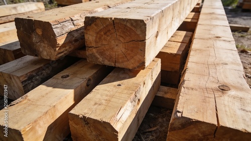 Stacked Rough Sawn Timber Blocks with Natural Wood Grain and Texture