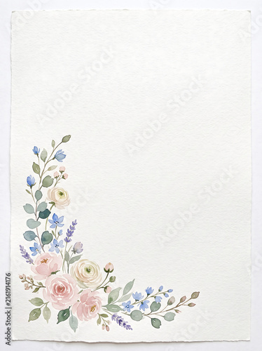 Watercolor floral corner arrangement with soft pink and cream roses on white background.