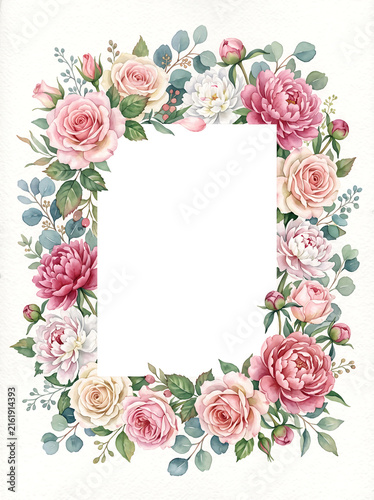 Watercolor floral frame with pink roses and peonies.