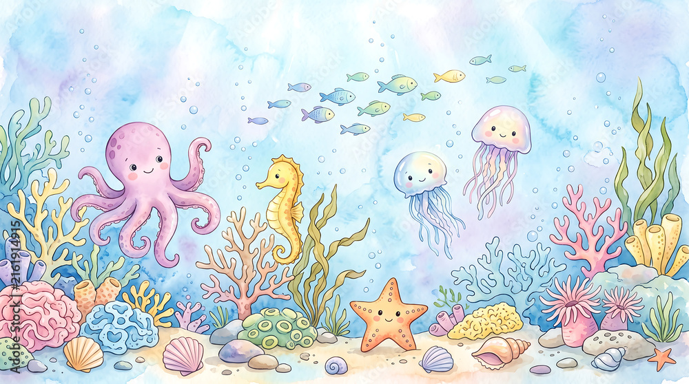Obraz premium Watercolor illustration of cute sea creatures in an underwater coral reef.