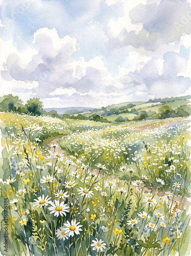 Watercolor landscape painting of a summer meadow with blooming daisies and wildflowers.