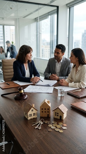 A real estate law professional advises clients in a modern office setting, with miniature houses, keys, and coins symbolizing property transactions.