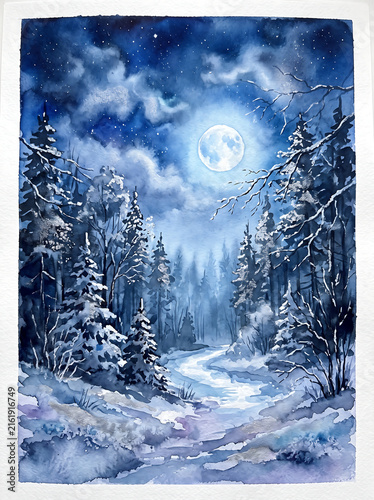 Watercolor Painting of a Snowy Winter Forest at Night with a Full Moon.