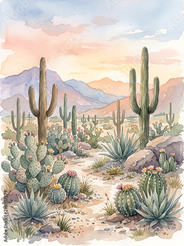 Watercolor painting of Arizona desert landscape with saguaro cacti and mountains.