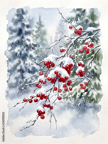 Watercolor painting of red rowan berries on a snow covered branch in winter.